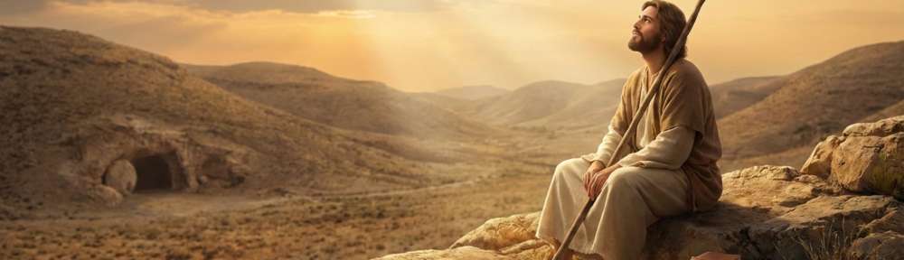 A man resembling Jesus, wearing a robe and holding a staff, sits on a rocky hill in a desert wilderness, looking up towards a break in the clouds with sunbeams shining through. A Bible and a journal rest on a stone beside him.